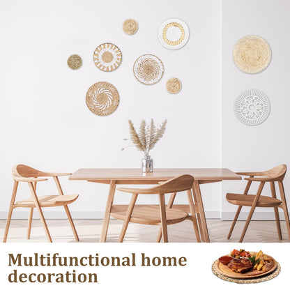 MJOGGOTT 9 Pcs Boho Wall Basket Decor Hanging Woven Wall Basket Art Decor Rattan Wicker Seagrass Home Round Tassels White Macrame Tapestry Baskets Decoration for Kitchen Home Farmhouse Decoration