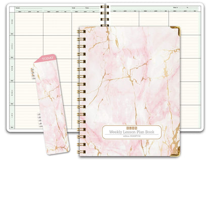 Elan Publishing Company HARDCOVER 6 Period Teacher Lesson Plan - Days Vertically Down The Side with Bonus Clip-in Bookmark (Pink Marble)