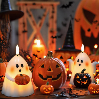 Eldnacele Spooky Ghost Halloween Flameless Candles with Timer Set of 2 Battery Operated LED Pillar Candles Ghost Light Real Wax 3D Wick Flickering Long Lasting Home Indoor Decor(3.5" D x5 H)