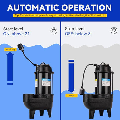 Acquaer Sewage Pump, Cast Iron, Automatic Tethered Float Switch, Sewage Effluent Pump for Sump Basin, Basement, Residential Sewage, 2'' NPT Discharge, Black