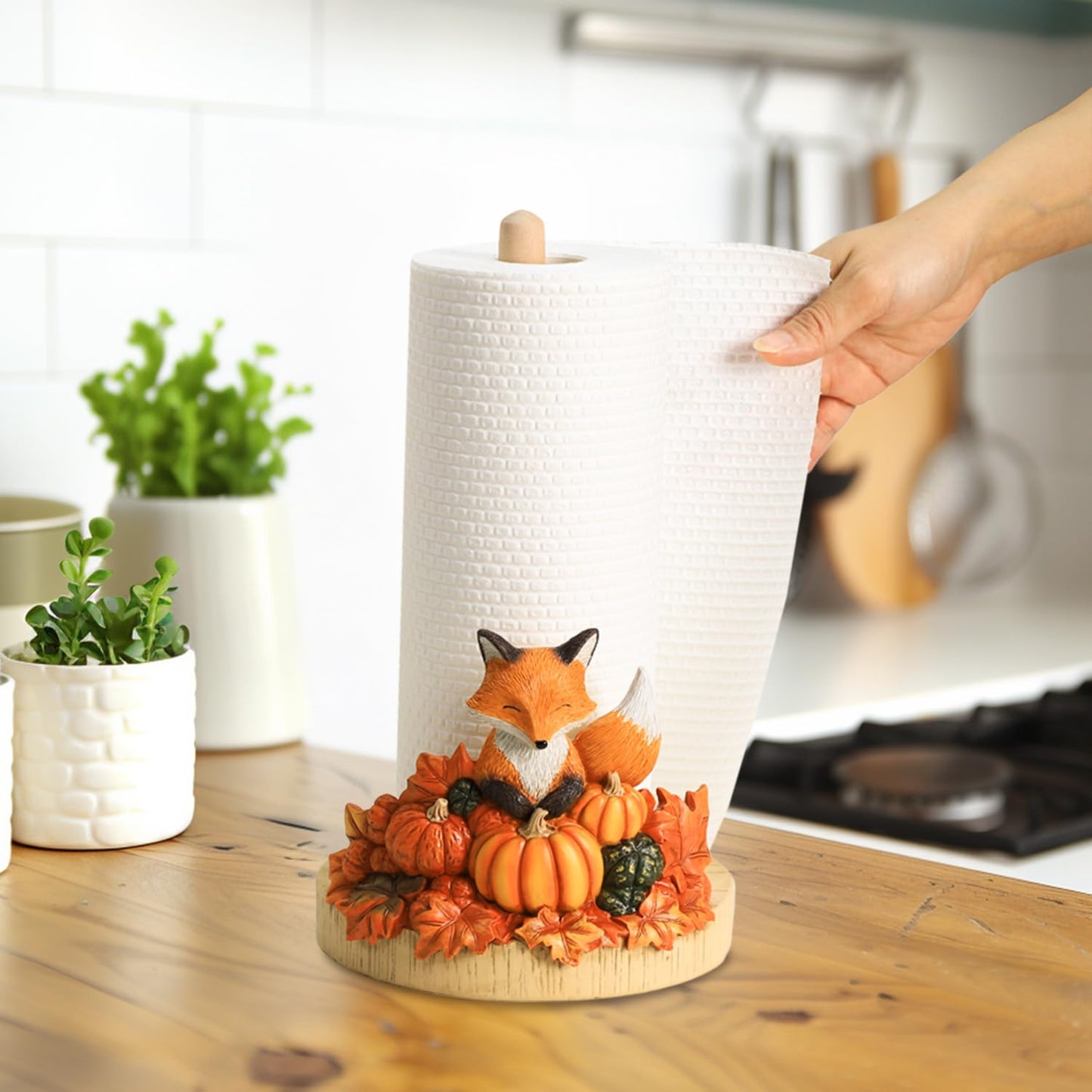 Bicuzat Autumn Maple Leaves Pumpkin Pattern Paper Towel Holder Stand, Resin Fox Crafts Display for Kitchen Countertop, Halloween, Harvest Festival, Cafe, Restaurant