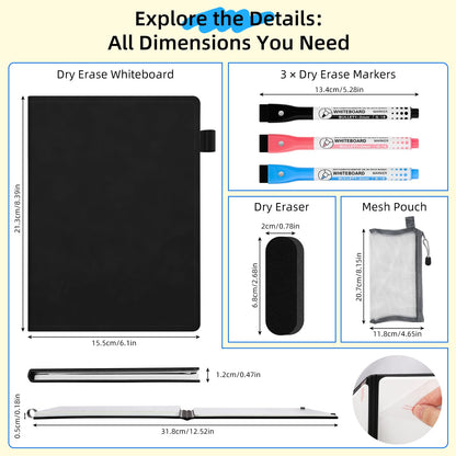 AGM Portable White Board Dry Erase Notebook, 8.4" x 6" Double Sided Folding Whiteboards with 3 Pens, Small Travel Dry Erase Board Skin-Friendly Material for Study, Meeting, Planning, Dark