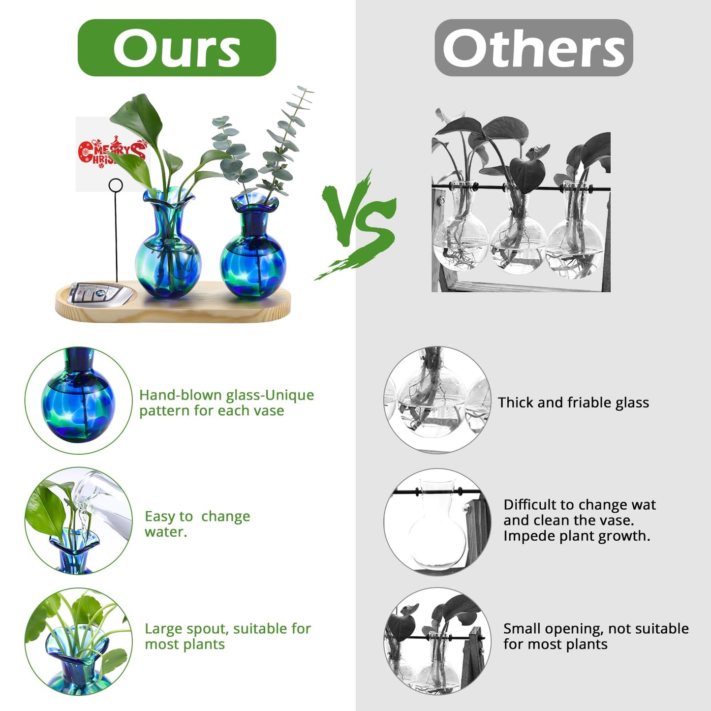 Pozfun Hand Blown Glass Plant Propagation Stations Plant Terrarium Wooden Stand for Hydroponic Plants Combine Jewelry Tray and Photo Holder Office Home Garden Decor - 2 Bulb Glass Vases