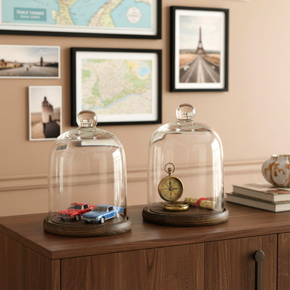 MyGift Clear Cloche Glass Dome, Display Bell Jar with Top Handle and Rustic Brown Solid Wood Base, Set of 2
