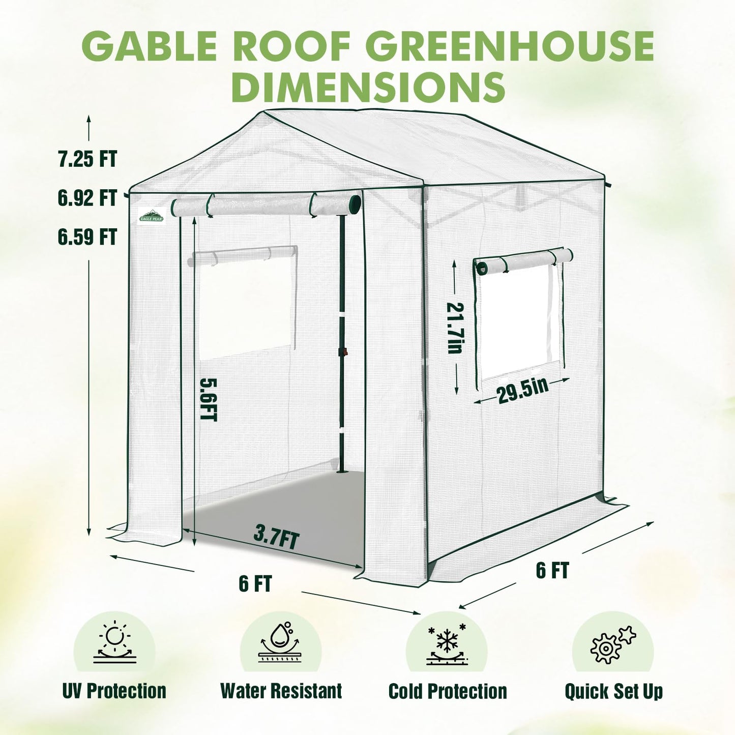 EAGLE PEAK 6x6 Portable Pop Up Greenhouse, Patented Center Lock Easy One Person Setup, Walk-in Outdoor Greenhouse with Gable Roof, Weight Bags, Zippered Doors & Windows, White