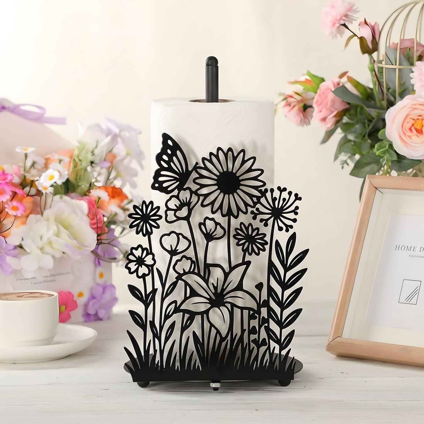 Yiyiring Wildflower Kitchen Countertop Paper Towel Holder Decorative Paper Towel Holder Black Metal Tissue Stand Kitchen Decor Accessories for Home Party Bathroom Countertop Dining Table