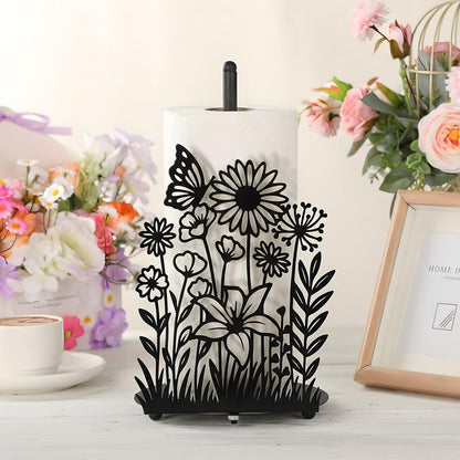 Yiyiring Wildflower Kitchen Countertop Paper Towel Holder Decorative Paper Towel Holder Black Metal Tissue Stand Kitchen Decor Accessories for Home Party Bathroom Countertop Dining Table