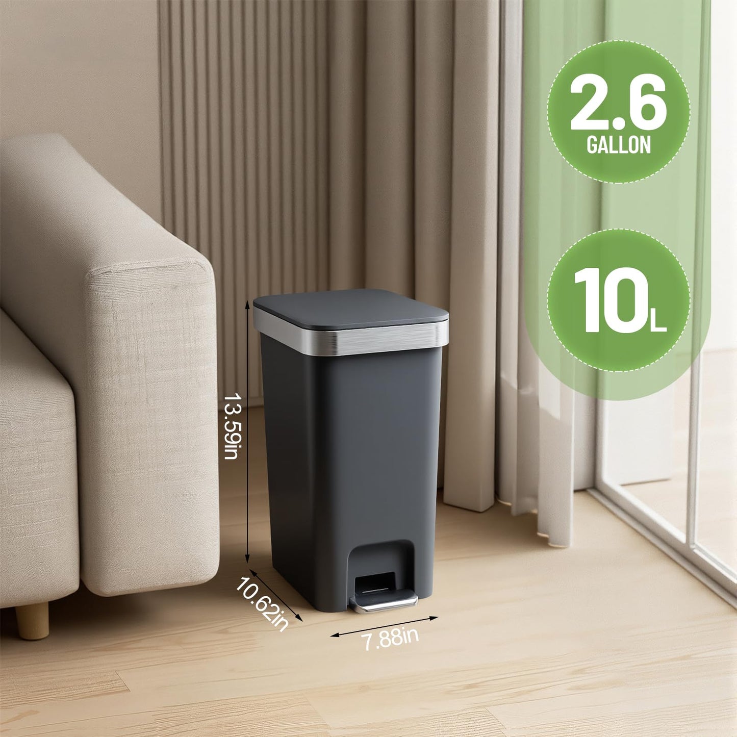 accep 2 Pack Bathroom Garbage Can with Lid, 2.6 Gallon /10 Liter Small Trash Can, Press Top Bin & Step Metal Pedal Trash Bin, Waste Basket for Bedroom, Home Offices, Small Spaces, Dorm (Black Gray)