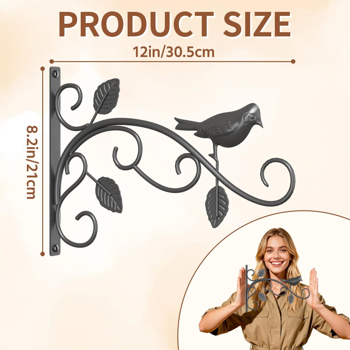 LASZOLA 2 Pack 12 Inch Hanging Plant Brackets, Heavy Duty Iron Wall Hooks with Decorative Bird and Leaf, Rust Proof Metal Outdoor Fence Hangers for Bird Feeders, Planters, Wind Chimes, Lanterns, Black
