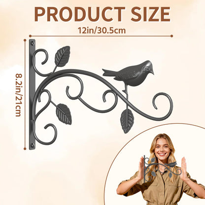 LASZOLA 2 Pack 12 Inch Hanging Plant Brackets, Heavy Duty Iron Wall Hooks with Decorative Bird and Leaf, Rust Proof Metal Outdoor Fence Hangers for Bird Feeders, Planters, Wind Chimes, Lanterns, Black