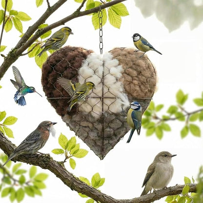 Heart-Shaped Bird Nesting Material Holder, Wire Mesh Feeder with Cotton Fill, Hanging Chain, Garden Decor (1)