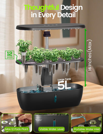 LETPOT LPH-Lite Hydroponics Growing System, 12 Pods Smart Herb Garden Kit Indoor, Indoor Garden, APP & WiFi Controlled, with 24W Growing LED, 5.5L Water Tank, Pump System, Automatic Timer