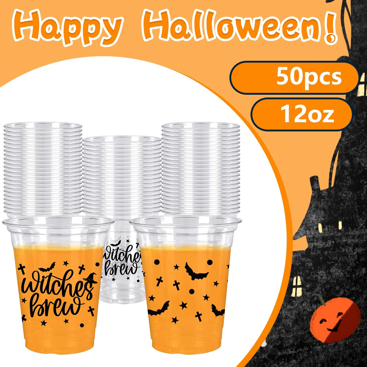 Whaline 50 Pcs 12 Oz Halloween Disposable Cup Witches Brew Plastic Party Cup Bat Clear Glasses for Coffee Juice Drink Party Supplies