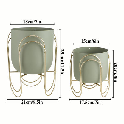 JHY DESIGN Set of 2 Planters with Stand Indoor Outdoor Metal Plant Stand 11.5/8" H Modern Planters Flower Pots for Living Room Corner Kitchen Office Garden Balcony Patio Decor(Green)