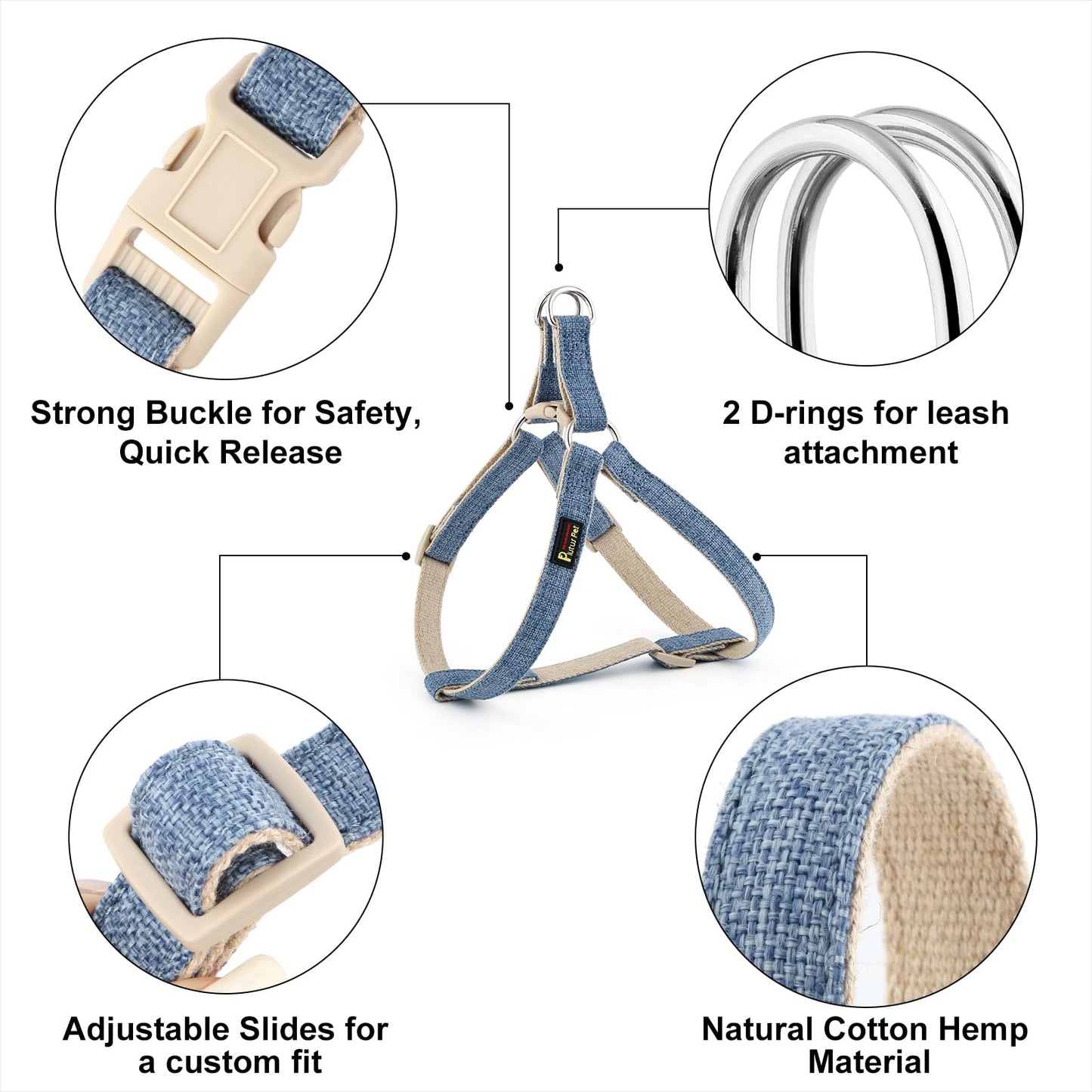 Plutus Pet Cotton Hemp Step in Dog Harness, Sustainable, Lightweight and Escape-Proof, Quick Fit Dog Harness for Puppy Small Medium and Large Dogs, Haze Blue, M
