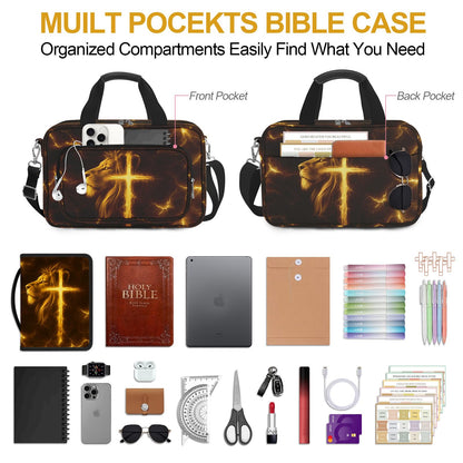 IBOVODI Lion Cross Bible Cover Case for Boys Kids, Large Men Bible Carrying Book Case Church Bag with Handle Zipper Pocket, Bible Study Supplies Journaling Kit, Highlighters Tabs Pens Cross Clips