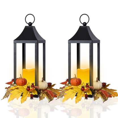 Bdor 2 Pack Fall Lantern Decor with LED Candle – 15.7 Inch Harvest Pumpkin Maple Leaf Hanging Lantern for Autumn Thanksgiving Table Centerpiece Indoor Outdoor Decoration, Battery Operated
