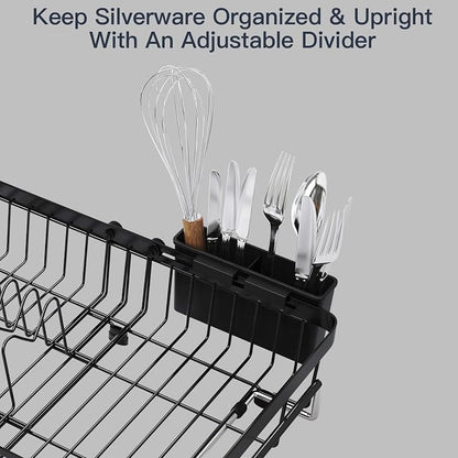 MAJALiS Expandable Stainless Steel Over The Sink Dish Drying Rack for Small Kitchen Counter Space Saving, Compact RV Plate Drainer Strainer in Black Wire Metal with Hanging Adjustable Utensil Holder