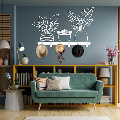 Metal Planter Coat Rack, Rustic Vase Wall Mounted, Botanical Flower Wall Mounted, Flower Key Hat Clothes Hooks, Nature Home Decor (Black, 29"x48"|74x121cm)
