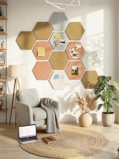 Uoisaiko 8 Pack Hexagon Felt Bulletin Board Tiles - 12" Large Thick Pin Board for Walls with 30 Push Pins, DIY Boards for Office Home School Decor, Aesthetic Hex Cork Board Alternative