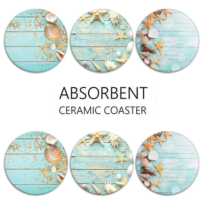 Britimes Coaster for Drinks Set of 6, Beach Seashells Wooden Nautical Wood Sand Table Coastal Absorbent Round Ceramic Stone Mat, with Cork Base and Metal Holder, Gift for Housewarming Room Bar Decor