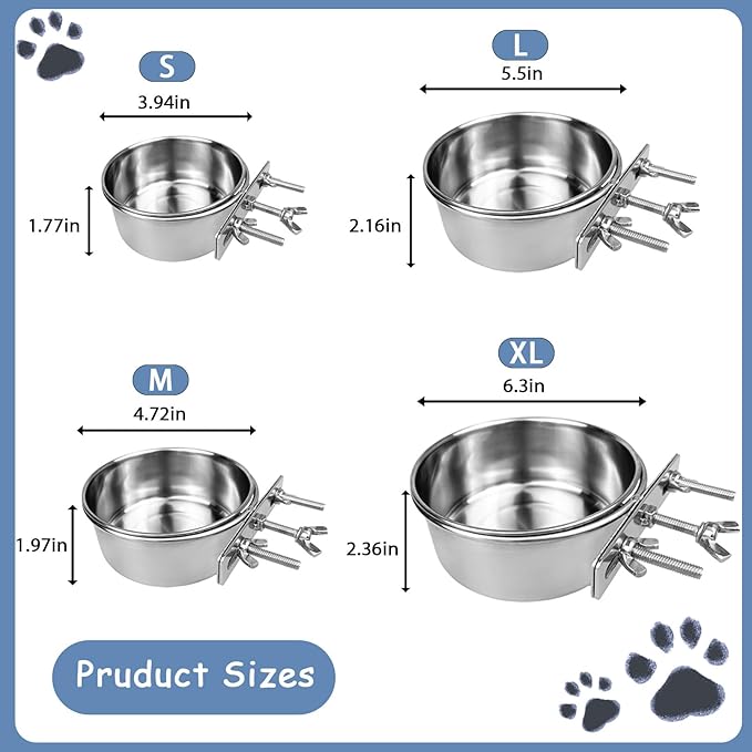 Stainless Steel Pet Crate Bowls, 2-Pack Rabbit Food Water Bowls No Spill Removable Hanging Parrot Feeding Cups Kennel Feeder Coop Cup for Small Medium Pets Birds Bunnies Cats Dogs (S+M)