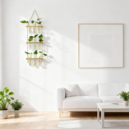 Hyindoor Wall Hanging Propagation Stations 3 Tired Wall Planter Terrarium with Wooden Stand and Glass Test Tubes Plant Hanger Flower Vase for Home Office Wall Decor Hydroponic Cuttings