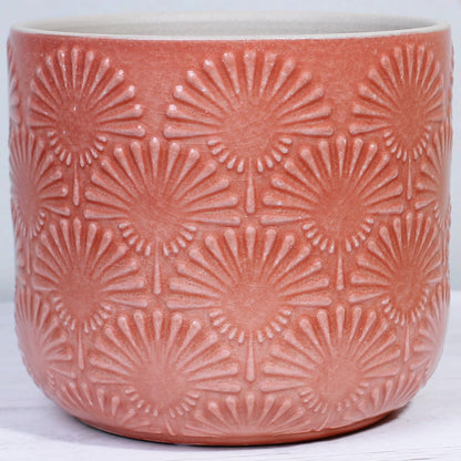 Xiaan Jiaju Boho Embossed Ceramic Flower Pot, 6.7 Inch Modern Planter Pots for Indoor Plants, Bohemian Chic Decorative Glazed Plant Pot with Fanburst Pattern, Coral Blush