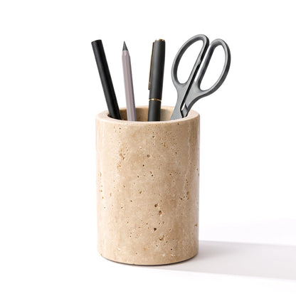 WORHE Travertine Stone Pen Holder for Desk, Handcrafted Volakas Sturdy Desk Organizer for Office Supplies Storage Desktop Stationary Makeup Brushes Cup Pencil Holders for Home Beige (WH101)