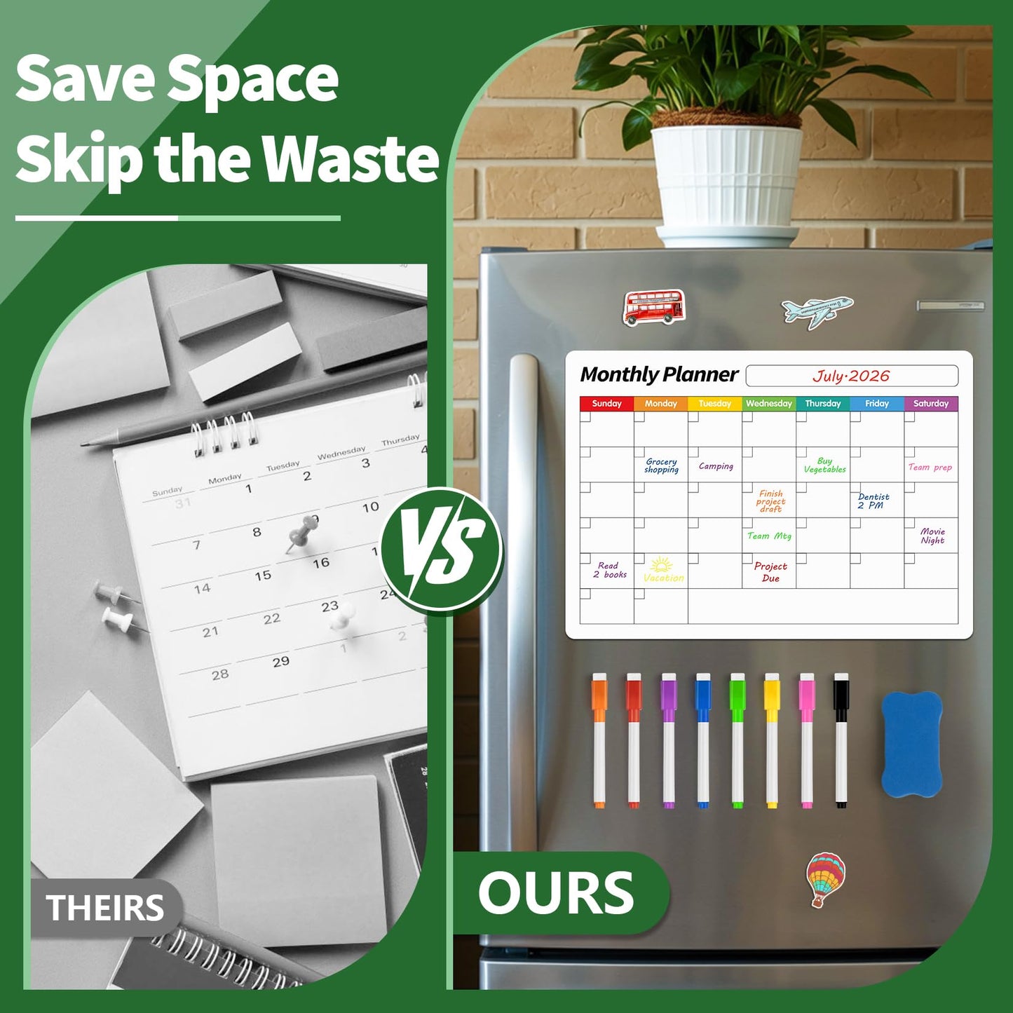 FINDMAG 4 Pack Magnetic Whiteboard for Fridge, 16.5"x11.8" Magnetic Calendar for Planner 2026, Kitchen White Board, Fridge Calendar for Cleaning Schedule and Checklist(1 Eraser, 8 Markers)