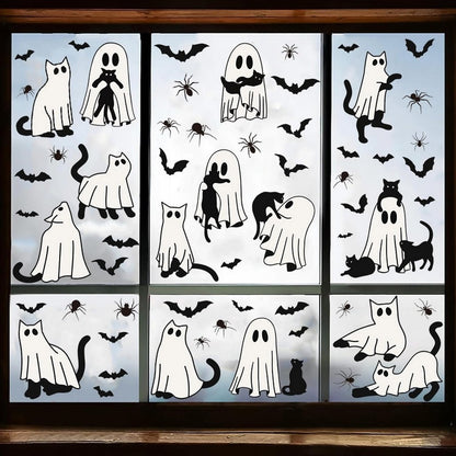 6 Sheets Halloween Window Clings Ghost Window Stickers Halloween Cute Black Cat Bat Designs Double-Side Glass Decals for Home Office Party Favor Windows Glass Decoration Supplies