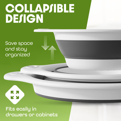 Collapsible Colander Strainer, Includes Over-sink Countertop Draining Base (5QT) Large Kitchen Drainer for Vegetables Fruit and Pasta, Round Foldable Draining Basket, Easy Storage (White)
