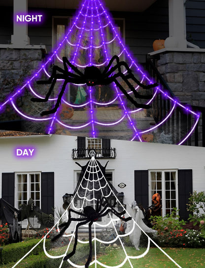 Spider Webs Halloween Decorations Lights - 250 LEDs 16.4Ft Outdoor Battery Operated String Purple Halloween Lights with 8 Modes Remote Control Spiderweb,47" Large Spider,Waterproof (Purple)