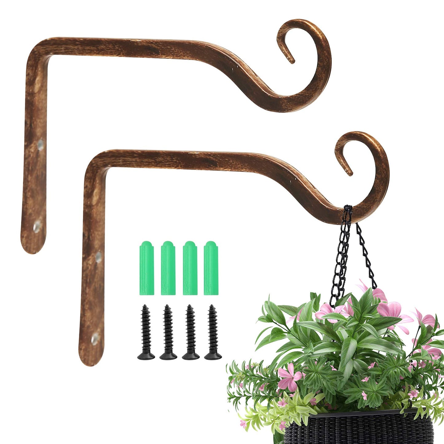 Jardim 2 Pack 6 Inch Premium Decorative Metal Iron Wall Hook, Indoor Outdoor Plant Hanger, Rustic Hanging Gardening Bracket Hook, for Planters, Bird Feeders, Lanterns, Wind Chimes (Coffee)