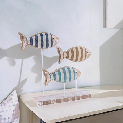 NAUTIMALL Wooden Fish Figurines with Jute Rope and Cotton String, Fish Sculpture Statues for Home Decoration, Table Top Nautical Decor for Living Room, Bedroom, Beachhouse Home Decor (StripedFish-3)