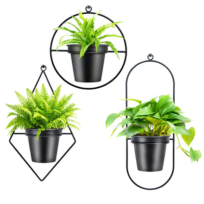 HemePaha Geometric Wall Planters for Indoor Plants Set of 3 Black Metal Wall Mounted Plant Holder (Diamond & Oval & Round Shapes) with 5 Inch Flower Pots, Modern Hanging Planters for Indoor Decor