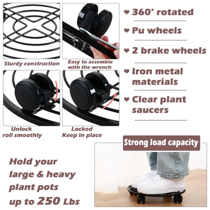 5 Packs 13.5" Metal Plant Caddy with Wheels Large Rolling Plant Stands Indoor Wheeled Plant Dolly Heavy-duty Planter Mover Roller Base Outdoor GardenTrolley Cart Water-proof, Plant Saucers on Wheels