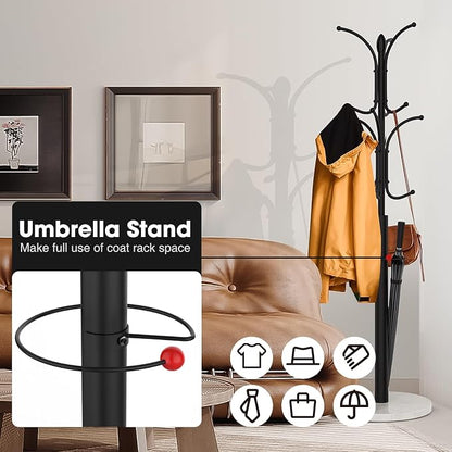 Coat Rack Freestanding,12 Hooks Coat Racks with Natural Marble Base & Umbrella Holder,Easy Assembly Coat Rack Stand for Hanging Scarf,Purse,Hats,Jacket(Black)