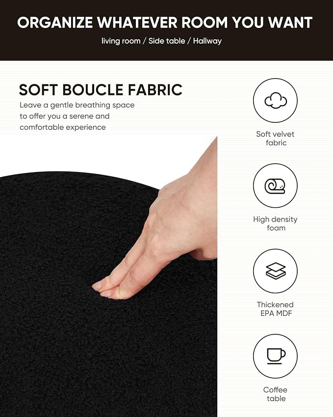 B FSOBEIIALEO Ottoman with Stroage, Round Boucle Storage Ottoman with Gold Plating Base,Foot Rest Stool for Dorm Room, Living Room Black, 16.73"x16.73"x17.72"