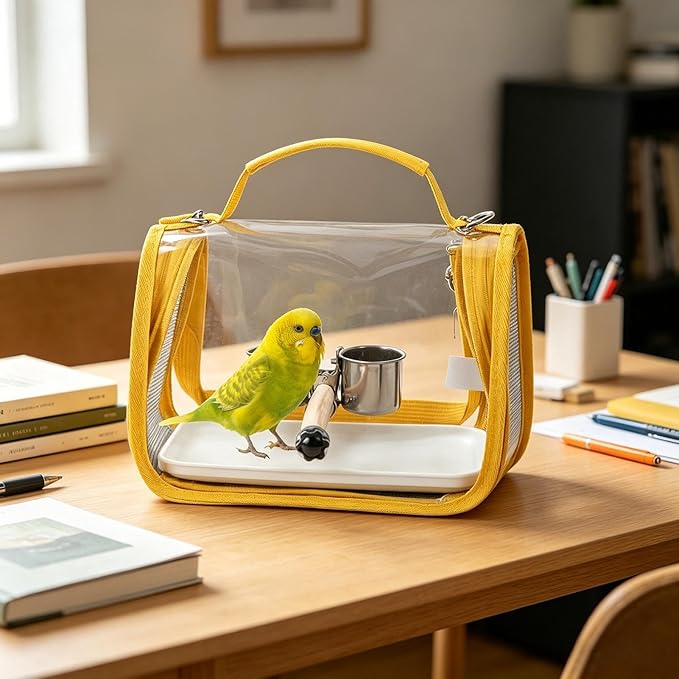 Ventilated Bird Carrier, Travel Backpack with Perch Stand, 36cm Pet Transport Bag with Breathable Mesh Panels, Aviary Carrier with Clear Window Design, Bird Travel Bag for Camping Hiking Trips