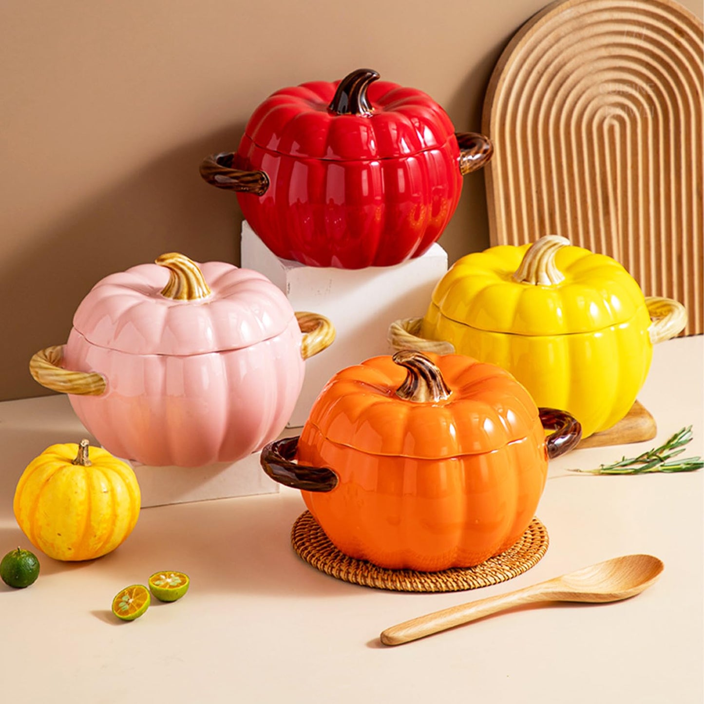 Dutch Oven Pot with Lid, Pumpkin Pottery Dessert Saucepan, Mini Baking Dish Cute Pumpkin Bowl, Covered Dutch Oven Ceramic Stockpot, Pumpkins-Shaped Casserole (Orange)