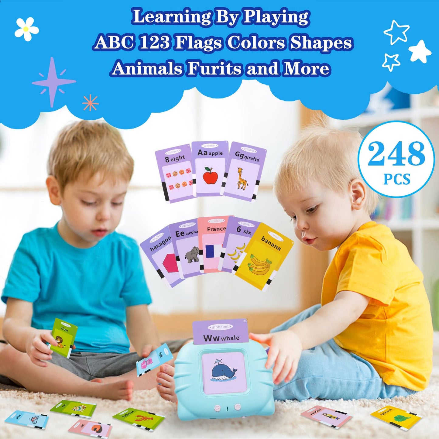 QuTZ ABC Talking Flash Cards for Toddlers 2-4, Autism Toys, Speech Therapy Toys, Educational ABC Learning Talking Sight Words Flash Cards Kindergarten for Boys and Girls, 248 Sight Words Blue
