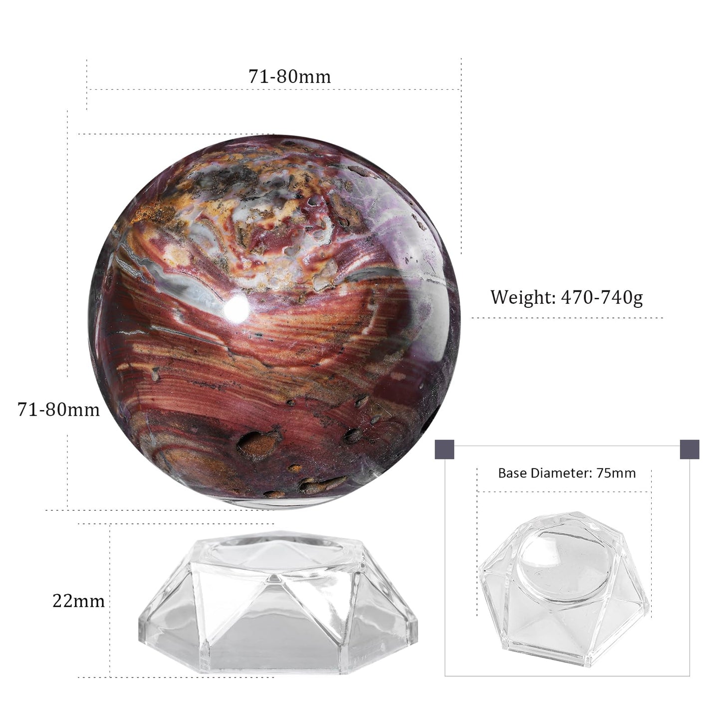 dssmboom Natural Ocean Jasper Crystal Ball with Acrylic Display Base, 71-80mm Polished Stone Feng Shui Crystal Sphere Meditation Decoration for Home & Office