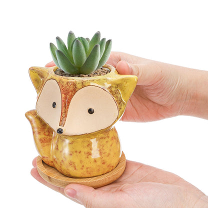 Dicunoy 6 Pack Mini Animal Succulent Planters with Bamboo Tray, 4" Ceramic Fox Flower Pots with Drainage Hole, Cute Cactus Planter for Indoor Plants, Home, Office, Window Decoration