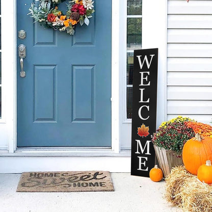 Interchangeable Welcome Sign for Front Porch- 45"X9" Large Standing/Hanging Wooden Sign with 12 PCS Replaceable Icons for 4th of July Fall Halloween Porch Wall Yard Decorations (Black)