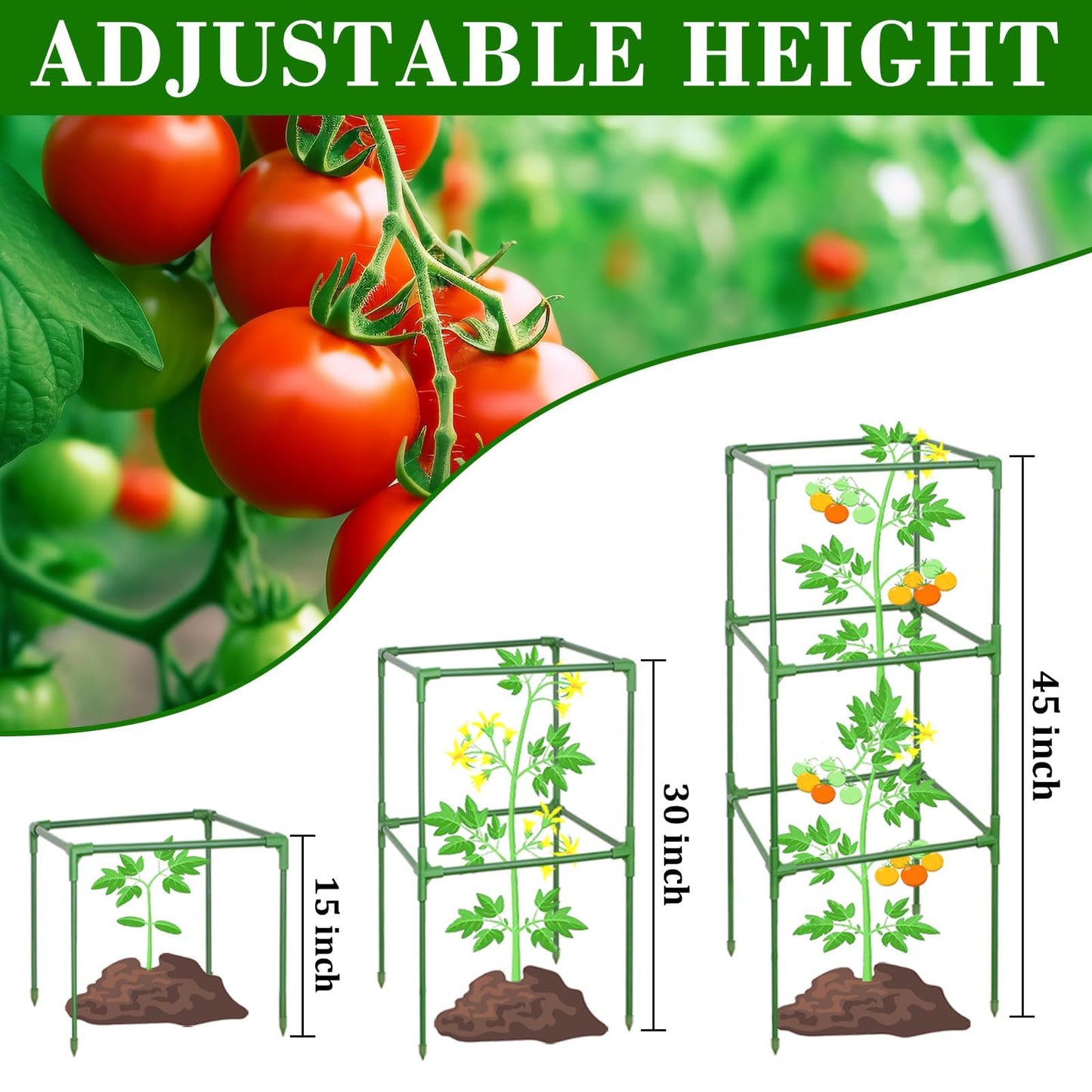 ZeeDix 45 Inch Tomato Cages 4 Pack, Heavy Duty Adjustable Metal Garden Plant Supports for Climbing Vegetables - Square Cage for Tomatoes, Cucumbers, Peas, Flowers with 40 Plant Clips