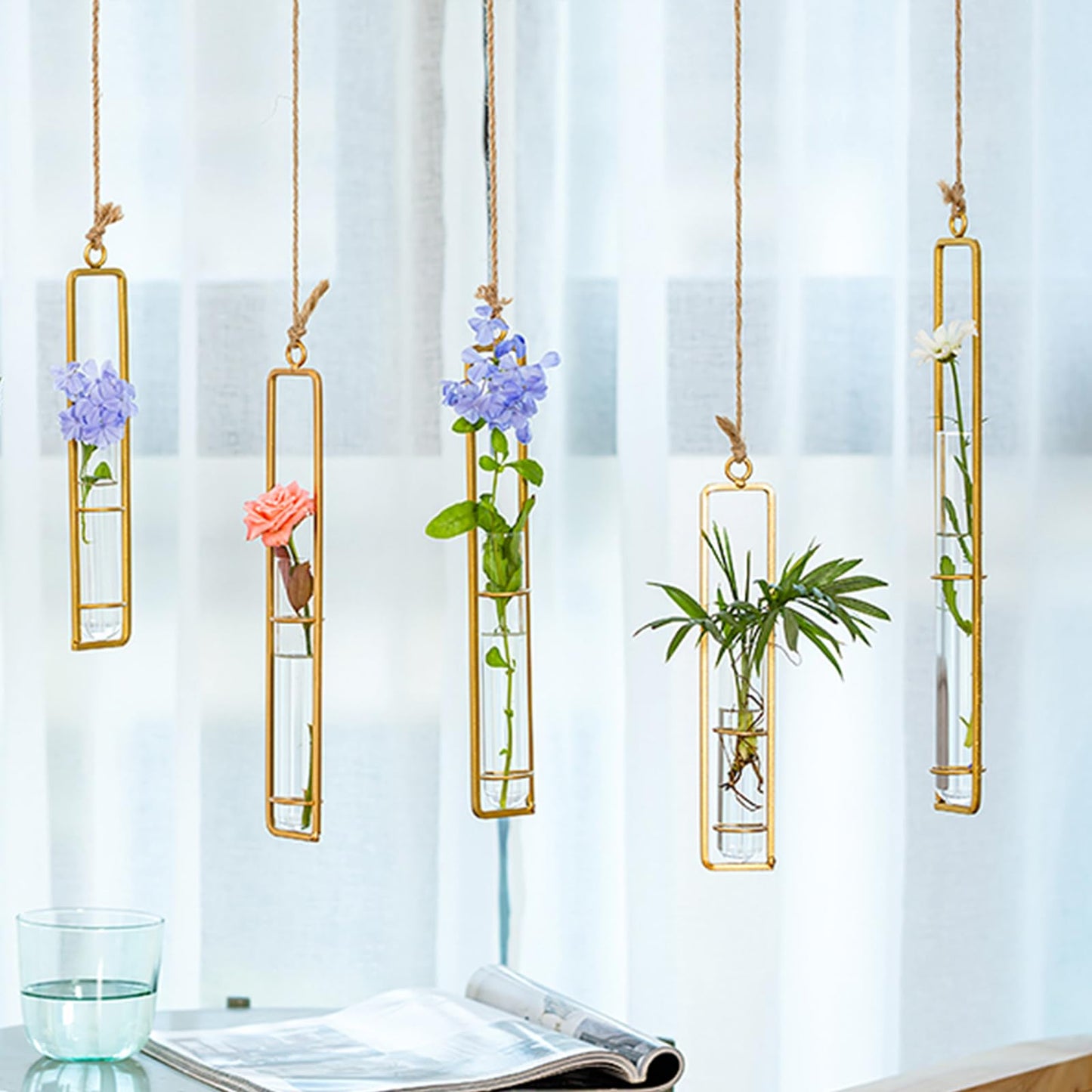 Sziqiqi Glass Propagation Station Test Tube Vases Clear Glass for Cuttings, Buds, Greenery Hydroponic Plant Propagation Home Balcony Bath Wall Decoration Floral Container Set of 3 Gold