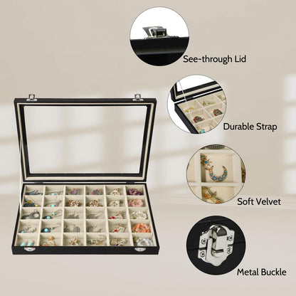 Stratalife 30 Grid Earring Organizer, PU Leather Jewelry Holder Organizer with Clear Lid, Velvet Earring Ring Storage Box for Women Girls Drawer (Beige Black)
