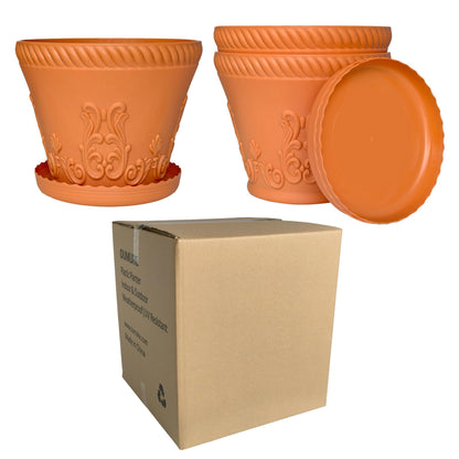 OUMUHE 11.4 Inch Plastic Planters with Drainage and Saucers, Set of 3, Decorative Flower Pots for Indoor Outdoor Use, Available in Terracotta & White (Terracotta)