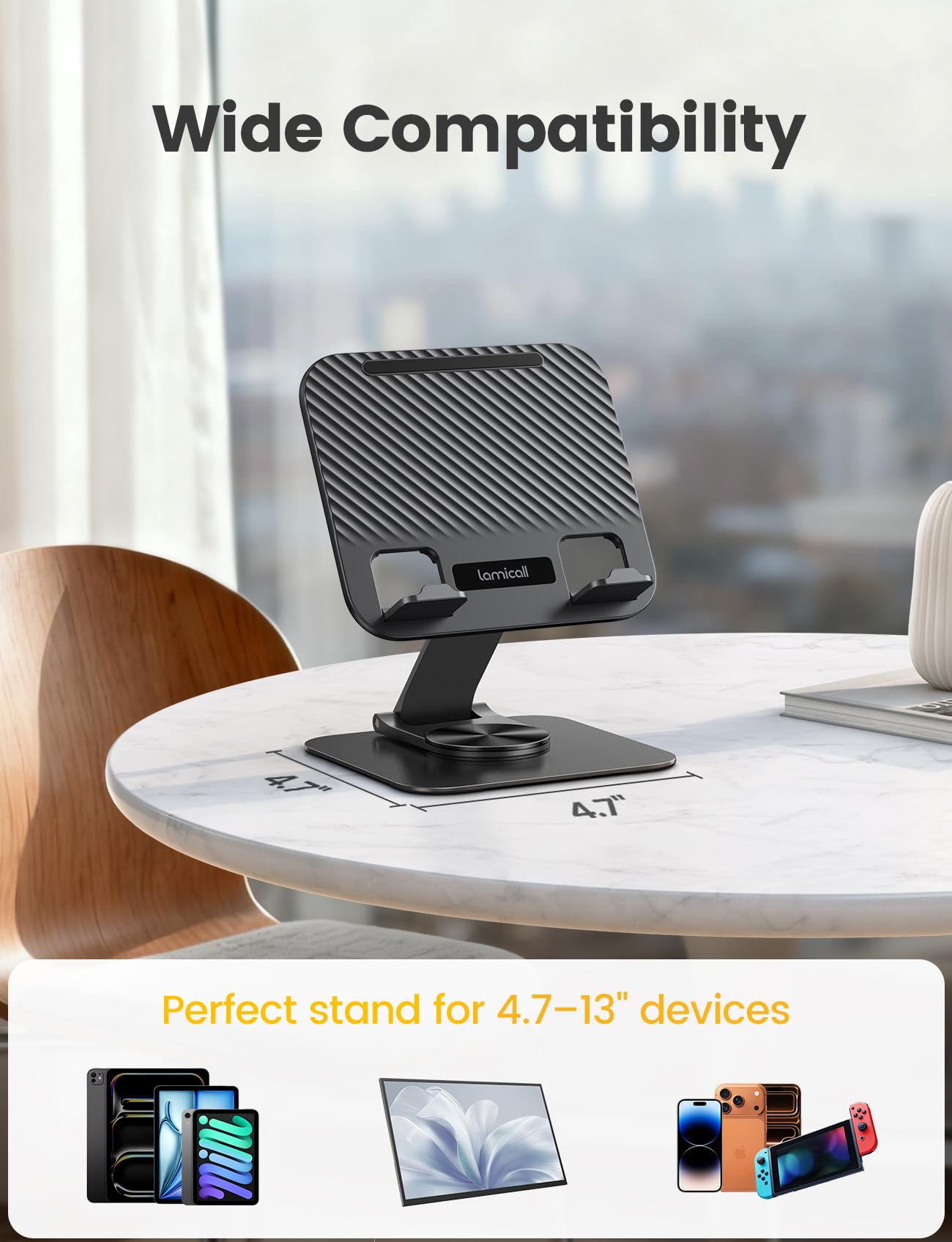 Lamicall Adjustable iPad Stand for Desk - [Ultra-Slim Foldable][360°Rotation] Tablet Holder Stand with Heavy-Duty Base, Mother Day Kindle Holder for 4.7-13" Device, iPad Pro Air Mini, Kindle, E-Reader